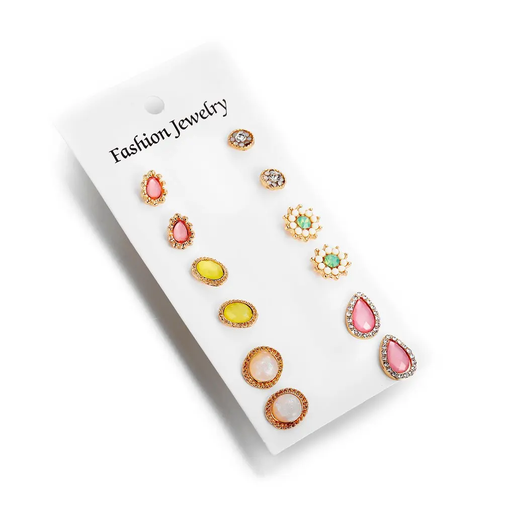 

C03-01-35 6 Pair Set Multi-element Water Drop Rhinestone Flower Stud Earrings Opal Earrings For Women/girls Gift