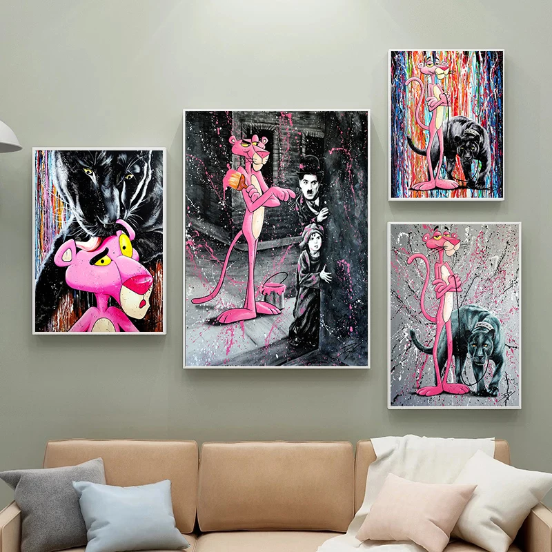 

Cartoon Anime Posters and Prints Graffiti Art Painting on Canvas Street Art Pink Panther Picture Home Decoration Painting