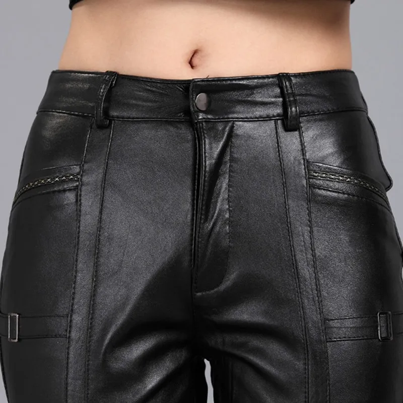 Модные женские байкерские брюки из натуральной овечьей кожи с пряжкой|Брюки| |