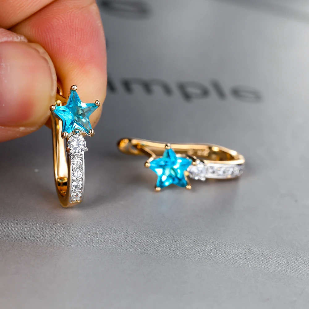 

For Women Blue Gemstone Hoop Earrings Zircon Stars Design Earring Cute Gold Ear Buckle Female Birthday Anniversary Jewelry Gift