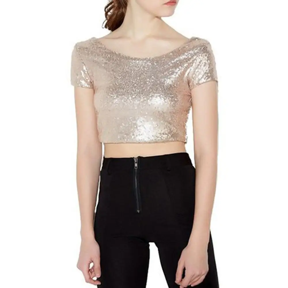 Женский однотонный пуловер с коротким рукавом и блестками круглым вырезом