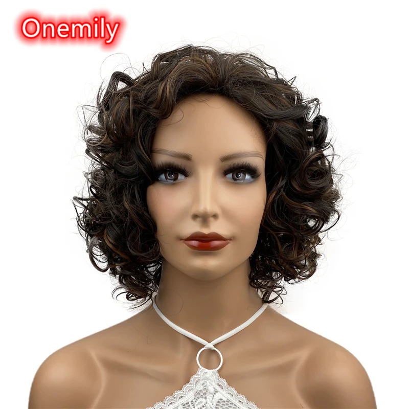 

Onemily Short Wavy Wave Curly Heat Resistant Synthetic Hair Wigs for Women Girls with Bangs Party Evening Out Dark Brown Auburn
