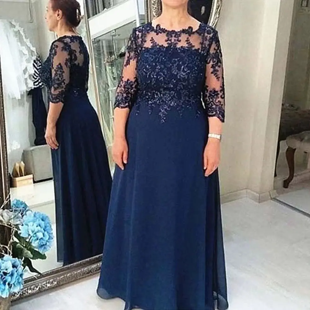 

A Line Mother of the Bride Dresses 2021 Elegant Blue 3/4 Sleeve Scoop Neck Wedding Floor Length Lace Guest Gowns Plus Size