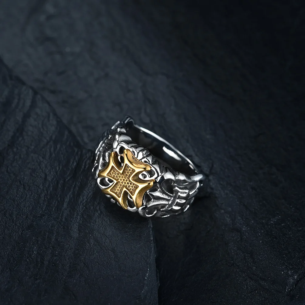 Модное металлическое кольцо в стиле панк с позолотой крестом и роком для мужчин
