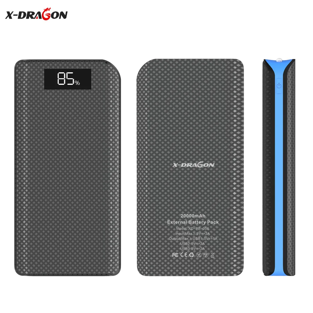 X-DRAGON внешний аккумулятор 20000 мАч светодиодный 3USB портативный внешний аккумулятор зарядное устройство для сотовых телефонов Xiaomi