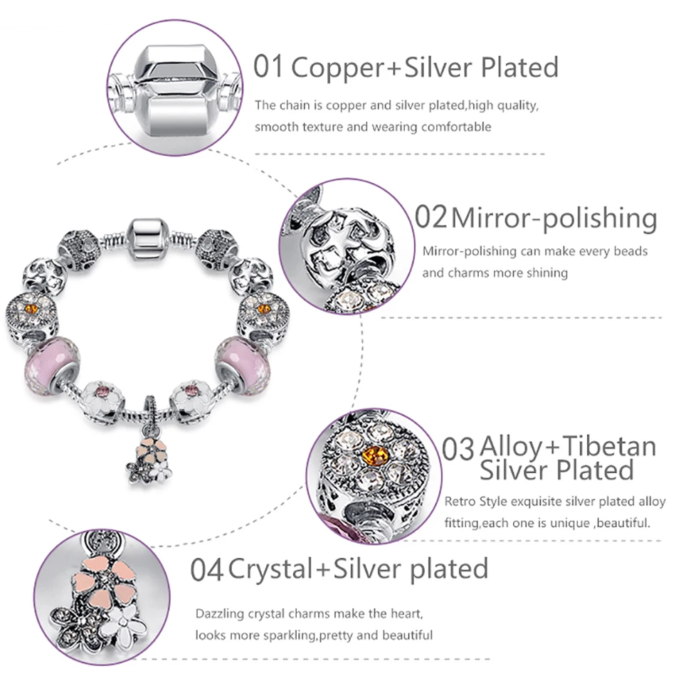 Женский браслет-Шарм с розовыми стеклянными бусинами серебристого цвета |