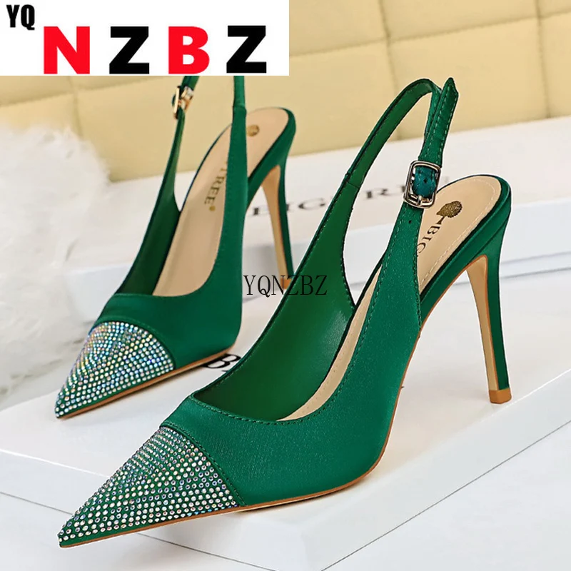 

2022 Women Crystal 9.5cm High Heels Sandals Wedding Green Stripper Stiletto Heels Slingback Sandles Satin Prom Shoes Big Size