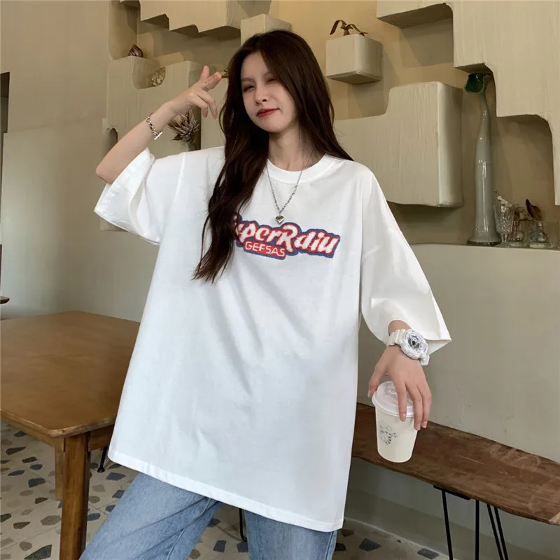 

Summer Pink Women T-shirts Short Sleeve Round Neck Female Tops Letter Print Cotton Harajuku Vintage Loose Tee Shirts Streetwear