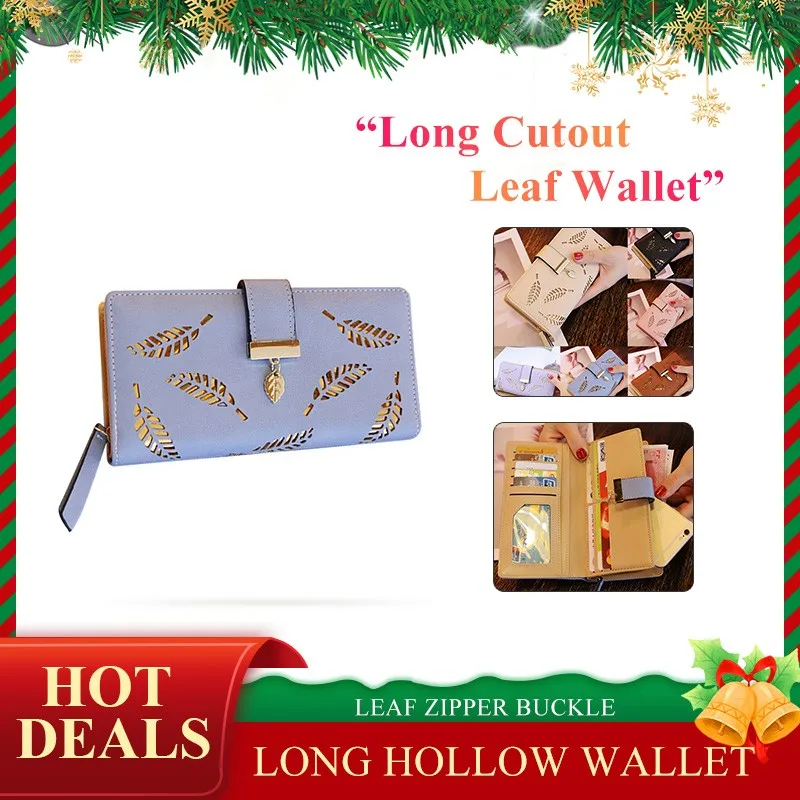 

Women Wallet Leather Purse Female Long Wallet Gold Hollow Leaves Pouch Handbag Women Coin Purse Card Holders Clutch