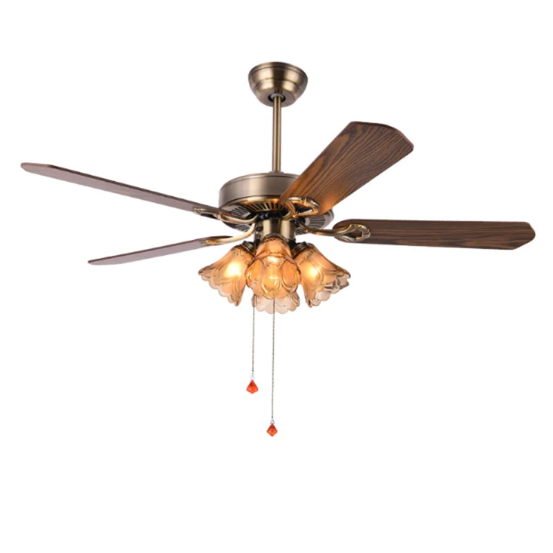 

European Retro Bronze Iron Ceiling Fan Light Dinning Room Bedroom Living Room Amber Glass LED E27 Wood Leaf Fan lamp Fixture