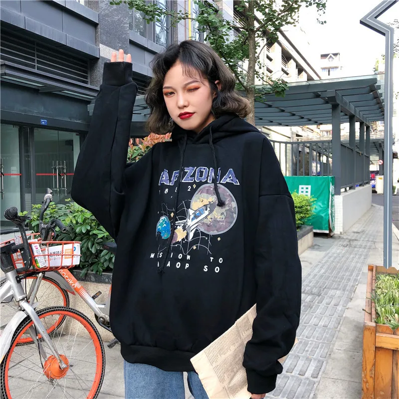 Paris Girl Women Loose Restore Star Airship Printing Black Thin Pullover O-neck Hoddie Sweatshirt Girls White Gray Hoodies