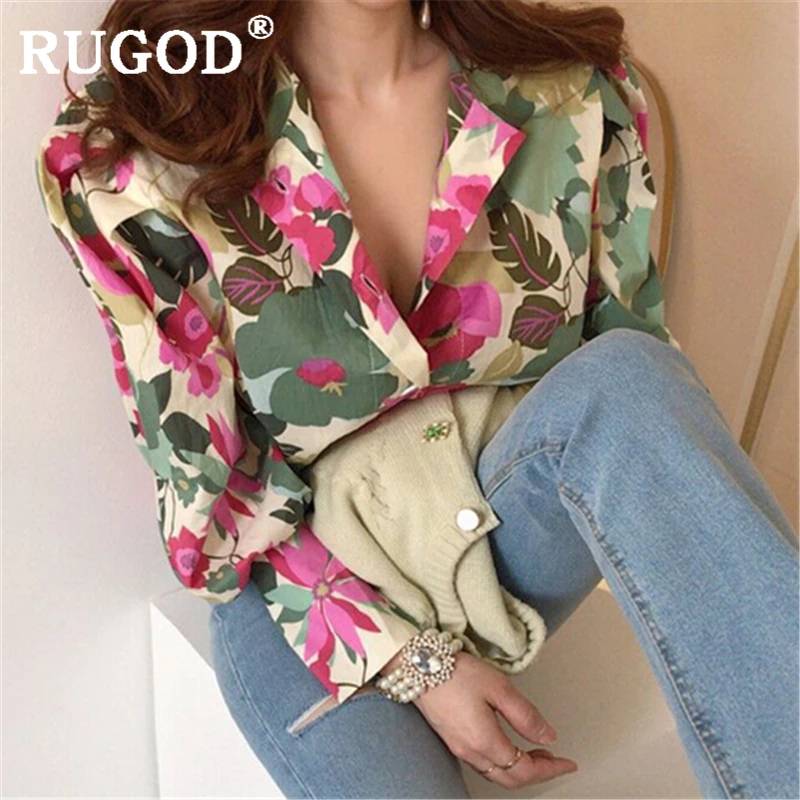 RUGOD корейский шик Цветочный Принт женские рубашки элегантные отложной воротник