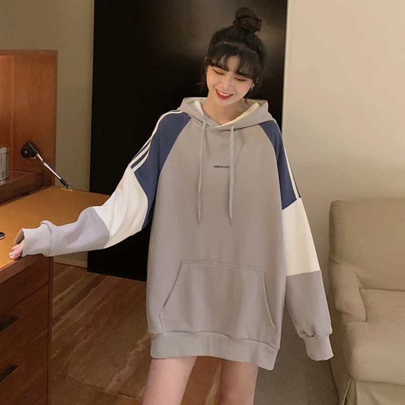 

Korean New Bf Loose Sweatshirt Women Clothing Fashion Patchwork Long Sleeve Casual Hoodies Ins Ladies Tops Autumn Winter Hipster