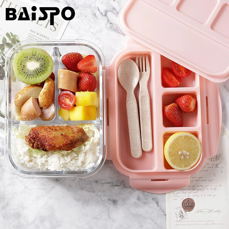 Baispo Ланч-бокс для детей стеклянный микроволновый Bento box контейнер для еды и отсек для хранения школы герметичный кухонный с подогревом