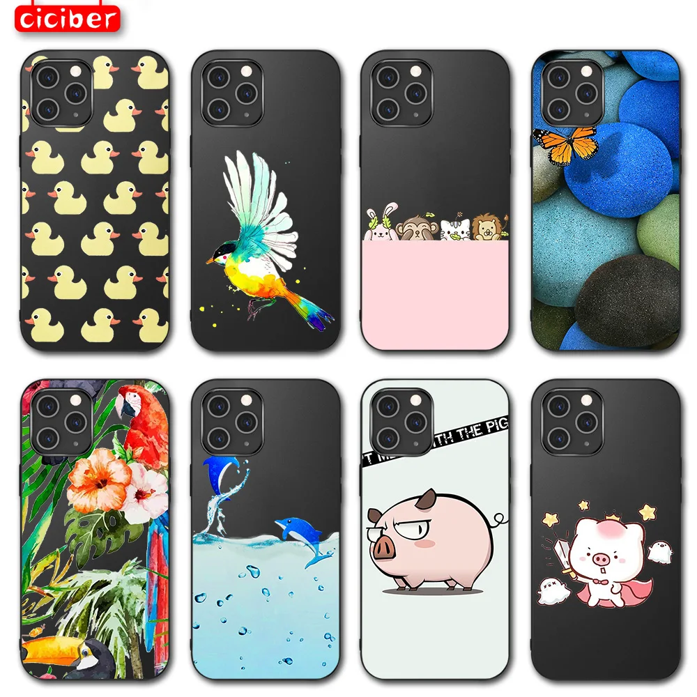 

For iPhone 13 12 11 Pro Max Mini 7 8 6 6S Plus X XR XS MAX 5S Soft TPU Case Black Funda Cartoon Animal Pattern Mobile Phone Case