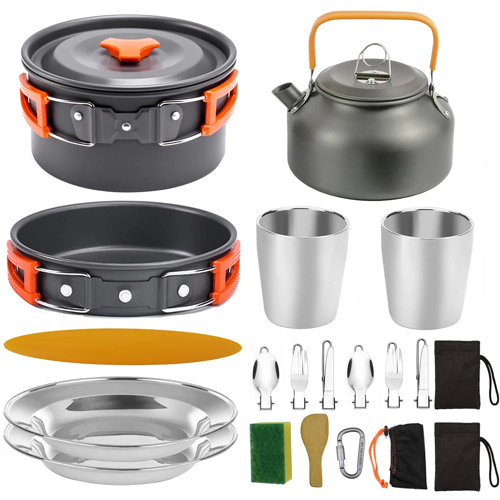 

1 Set Outdoor Pots Pans Camping Barbecue Cookware Picnic Portable Pan Kettle With Flatware Lightweight For Traveling Trekking