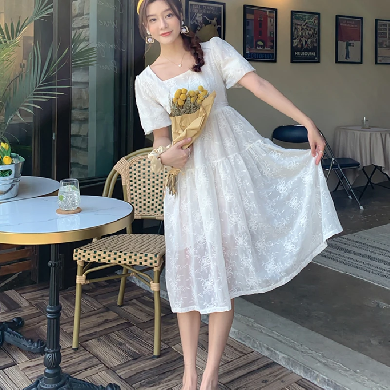

New Women Midi White Floral Embroidery Dress Summer 2021 Elegant Retro Casual Party Night Beach Vacation Runway Vestidos Korean