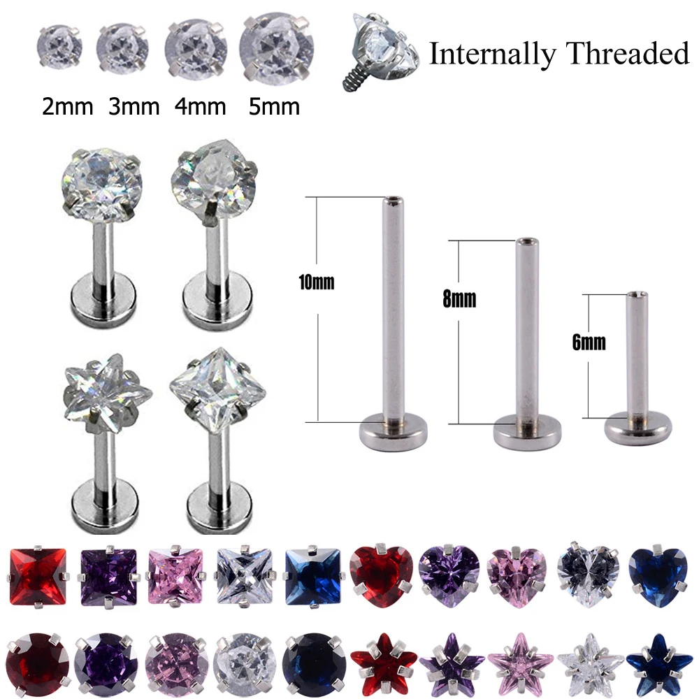 

1pc Surgical Steel Prong Set Zircon Ear Helix Tragus Lip Stud Cartilage Earring Labret Monroe Ring Body Jewelry Retainer 16g