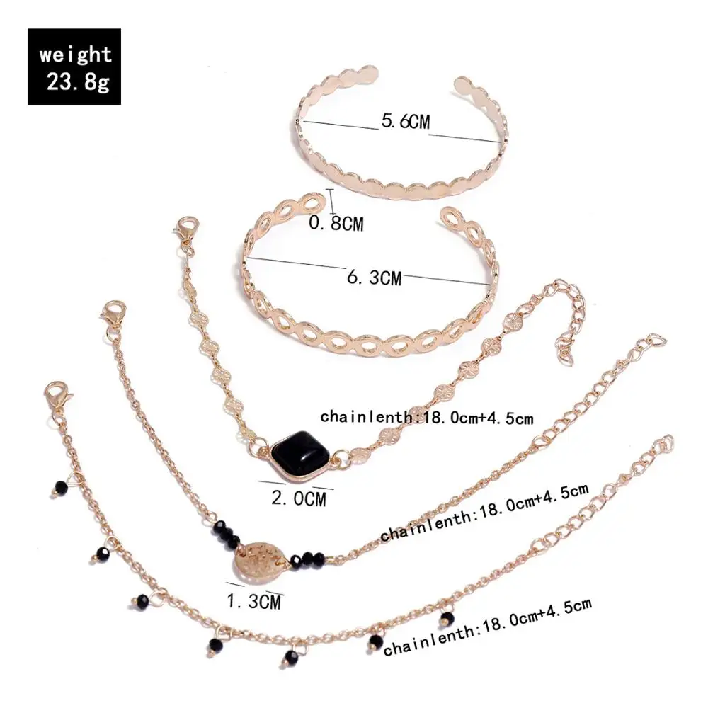 

New Fashion Simple Black Square Resin Diamond Hand Beaded Bracelet Open Bracelet 5 Piece Set Ladies Jewelry Accessories
