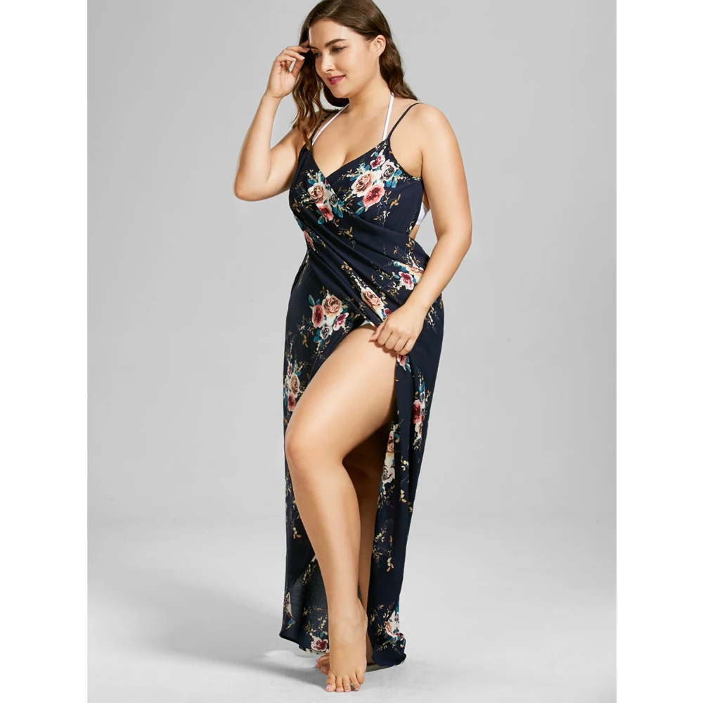 Wipalo размера плюс 2019 маленькая Цветочная накидка Пляжное Платье туника с запахом