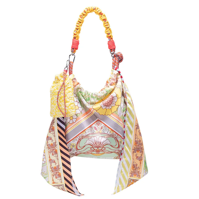 

Summer Rurality Romance Floral Art Printing Shopper Shoulder Bags Women Designer Brand Silk Handbags Reversible Drawstring Bags