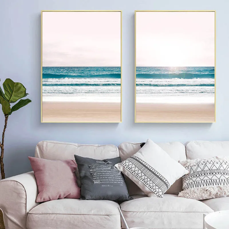 Минималистичный розовый пляжный холст с изображением океанских волн Настенный