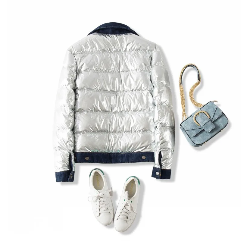 

Winter Fashion Thicken Warm Silver Denim Coat Women Reversible Two Wear Casual Slim Short Down Jacket Female Outwear S-XL