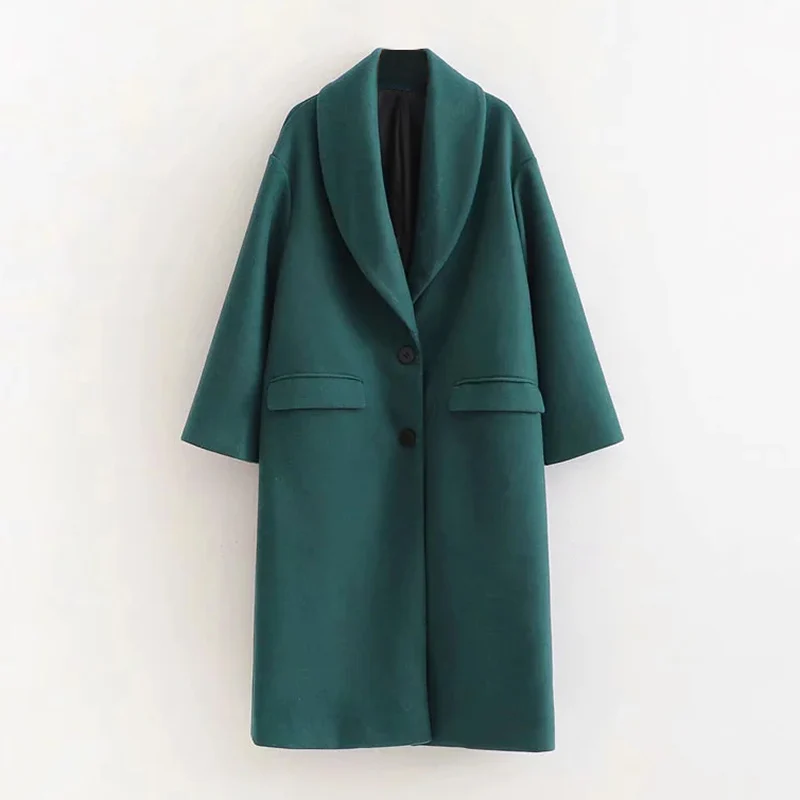 2022 Fall Elegant Green Woolen Long Coat Women Vintage Single Breasted Warm Overcoat Winter Long Sleeve Pockets Chic Outerwear