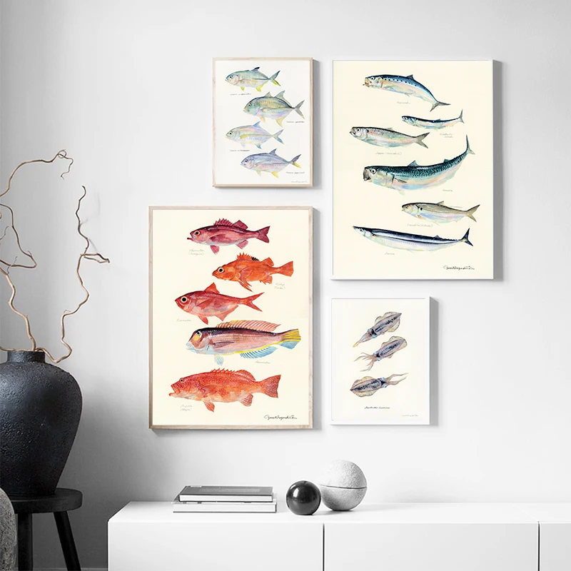 

Sea Animals Watercolor Vintage Wall Art Canvas Painting Fish Octopus Nordic Minimalist Posters And Prints Wall Pictures Decor