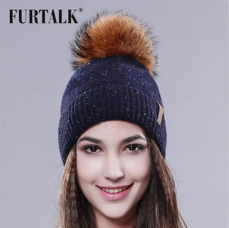 FURTALK теплая зимняя женская шапка с меховым помпоном вязаная шерстяная шапка шапочка Женская зимняя шапка для женщин - Цвет: Тёмно-синий