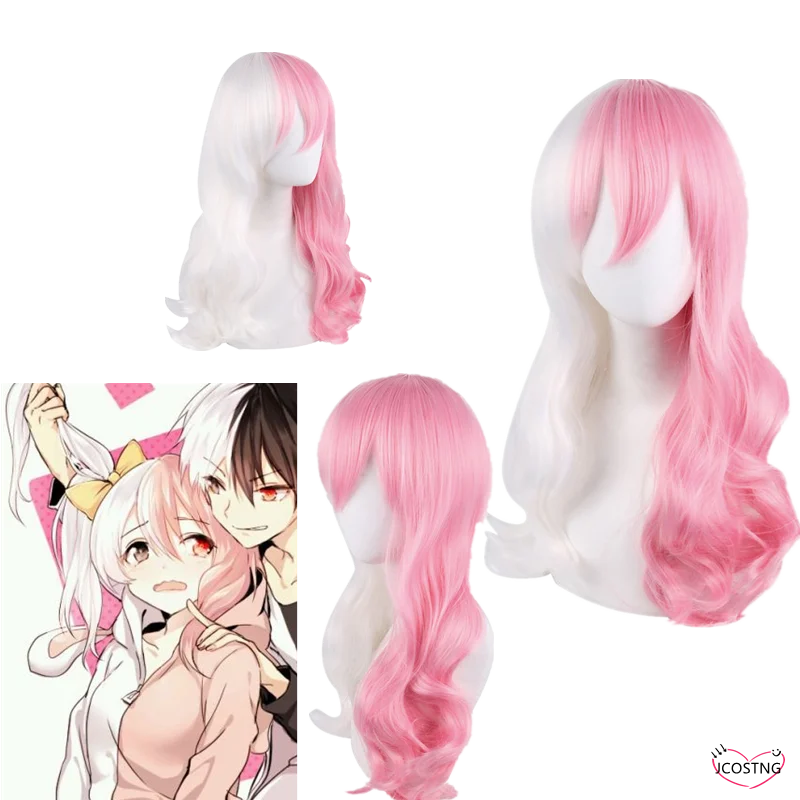 Anime Danganronpa Monomi Women Long Curly Wig Cosplay Costume Dangan Ronpa White Pink Mix Synthetic Hair Halloween Party Wigs |