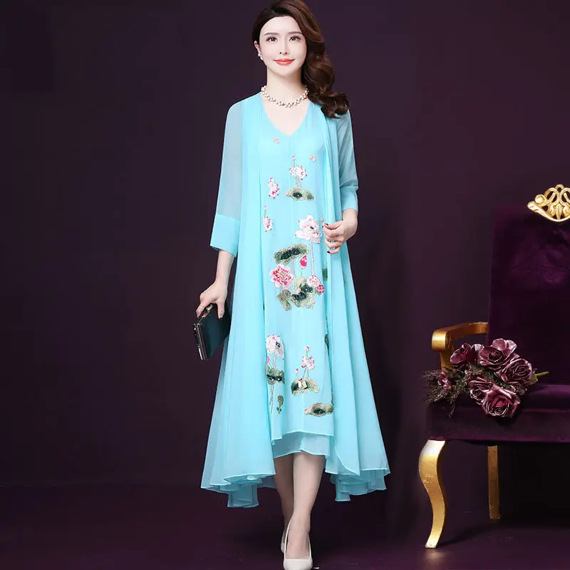 

Chinese Style Women's Floral Embroidered Dress 2022 Spring Summer Fake Two Pieces Party Dresses Elegant V-neck Dress Vestidos