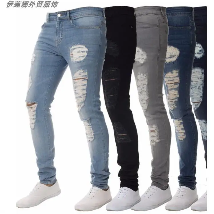 

3 Colors Men Ripped Jeans Plus Size Trousers Stitching Stretch Blue Black Slim Fit Tight-fitting Fashion Eur USA Style Trousers
