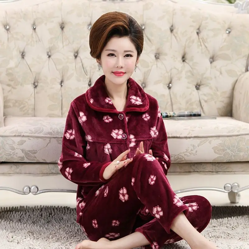 2019 New Autumn Winter Thick Women Pajamas Set Pajamas Sleepwear Long Sleeve Coral Fleece Thickened Warm Pyjamas Home Clothing