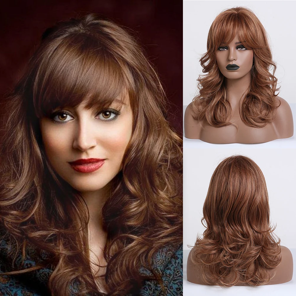

Long Brown Wavy Synthetic Wigs for African American Women Wigs with Bangs Heat Resistant Cosplay Daily Natural Hair Wigs