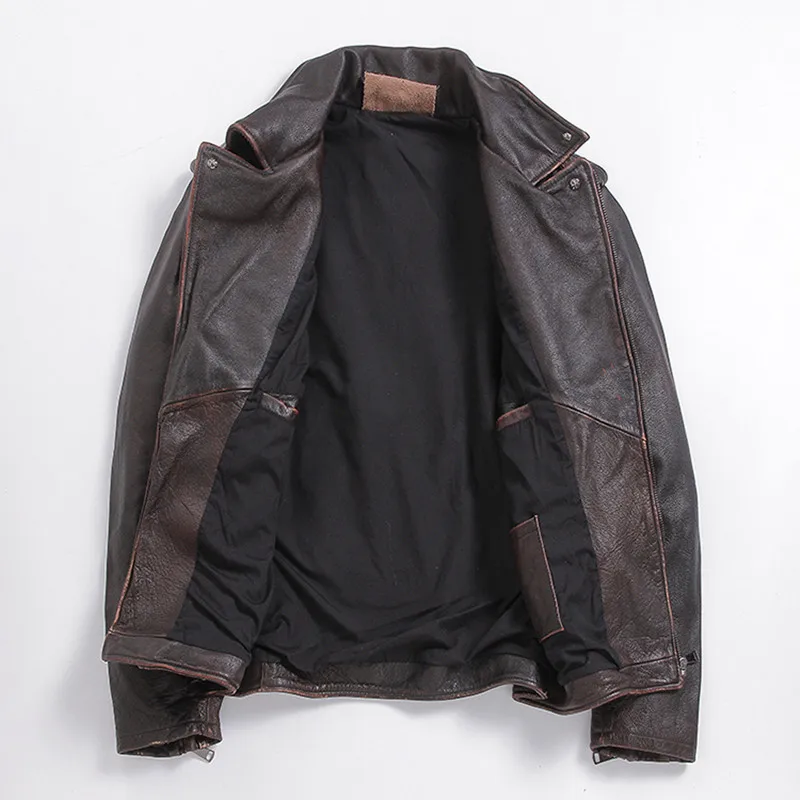 

Brown 2020 Vintage Men Slim Fit Biker's Leather Jacket Plus Size XXXXXL Genuine Cowhide Short Motorcycle Coat FREE SHIPPING