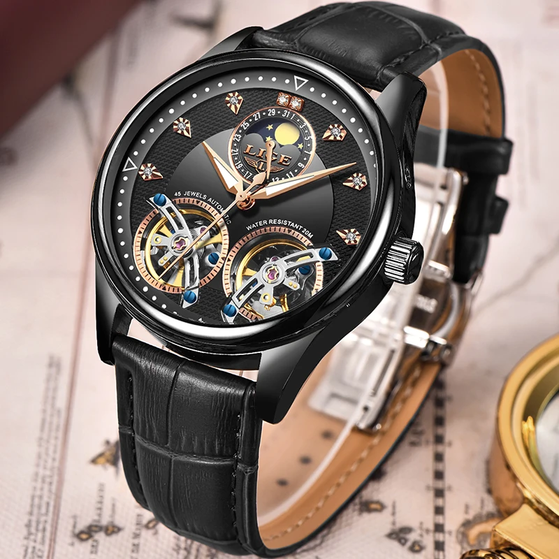 Reloj LIGE Мужские механические часы Tourbillon Роскошные модные брендовые кожаные