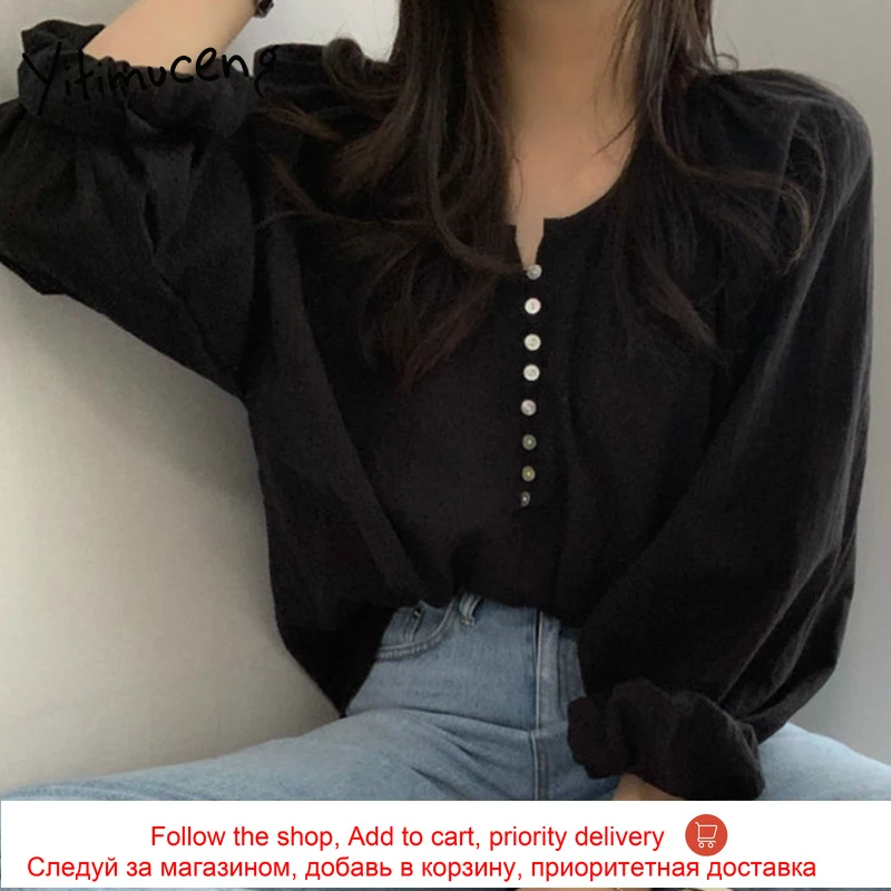 

Yitimuceng Blouse Women Button Up Shirts Plus Size Oversize Long Sleeve Unicolor Black White 2021 Spring Summer Fashion Tops