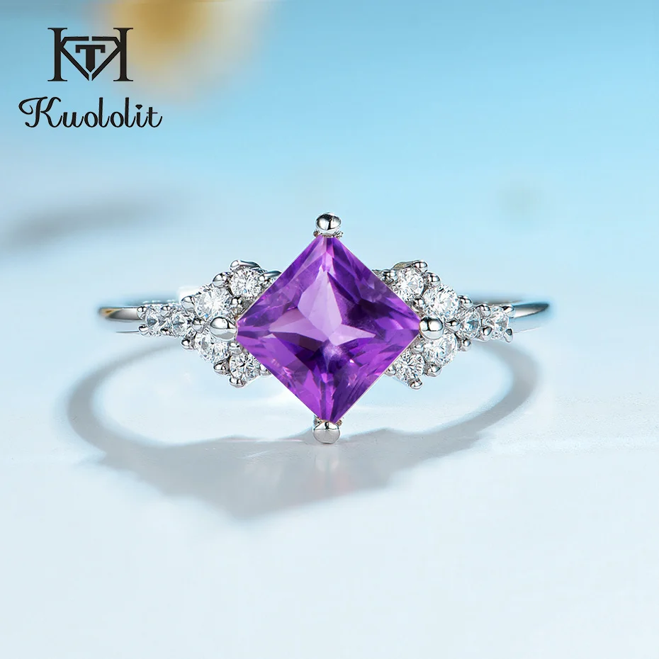Женское кольцо с квадратным камнем kuoolit натуральный аметистовый драгоченный