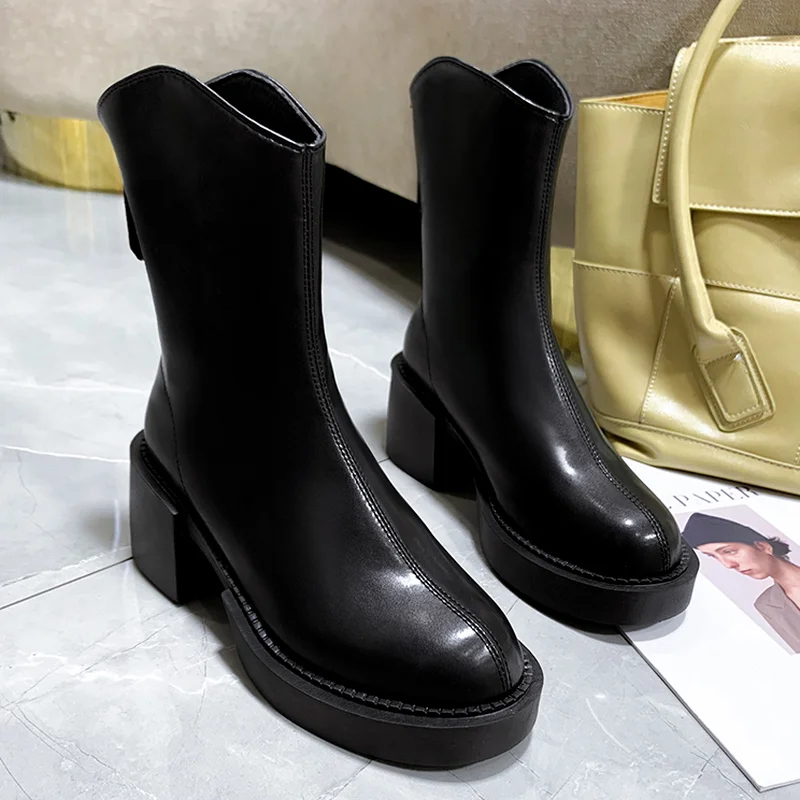 

2021 New Ladies Retro Chelsea Boots Fashion Round Toe Zipper Women's Thick-soled Nude Boots Casual Shoes Square Heel Boots 35-39