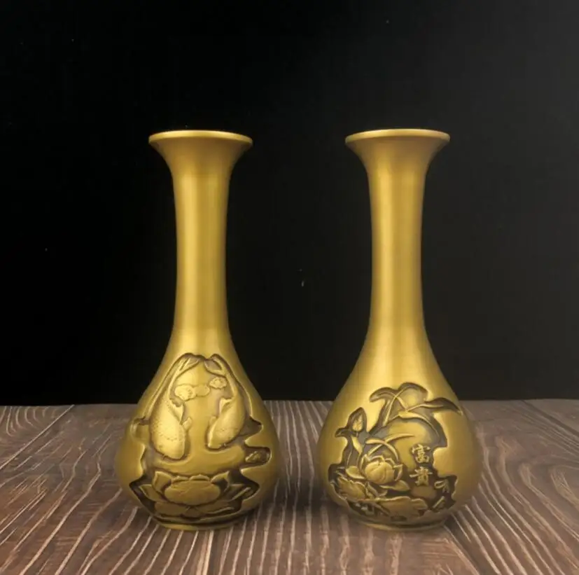 Archaize Brass Carp Lotus Pattern Vase Statue Home Sitting Room Desktop Decoration Crafts Statue A Pair