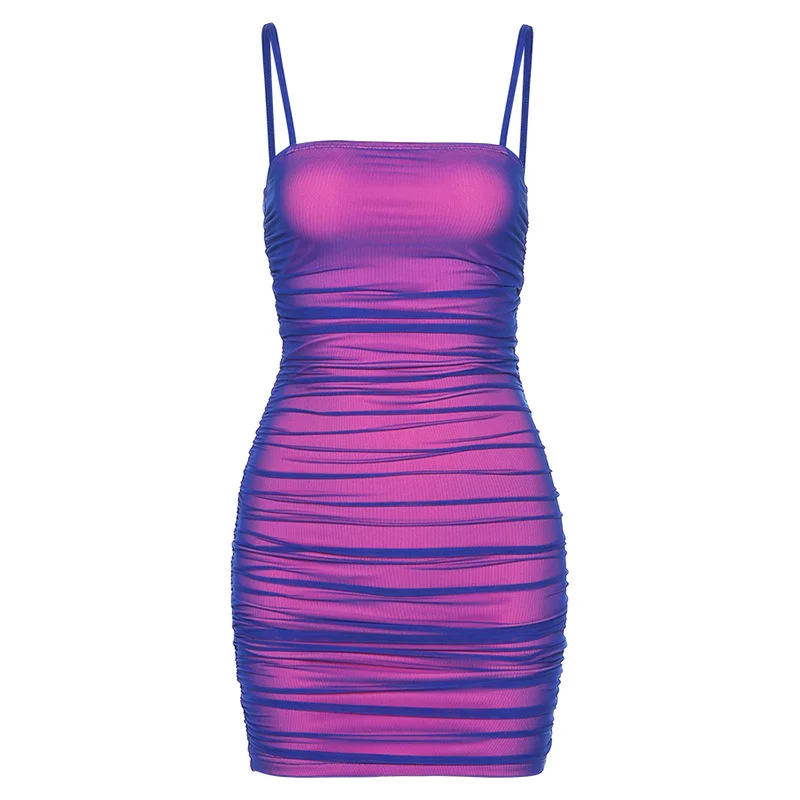 

Stacked Reflective Chic Mini Dress Women Sleeveless Show Chest Bodycon Vestidos 2021 Summer Party Slim Stretchy Elegant Sheath