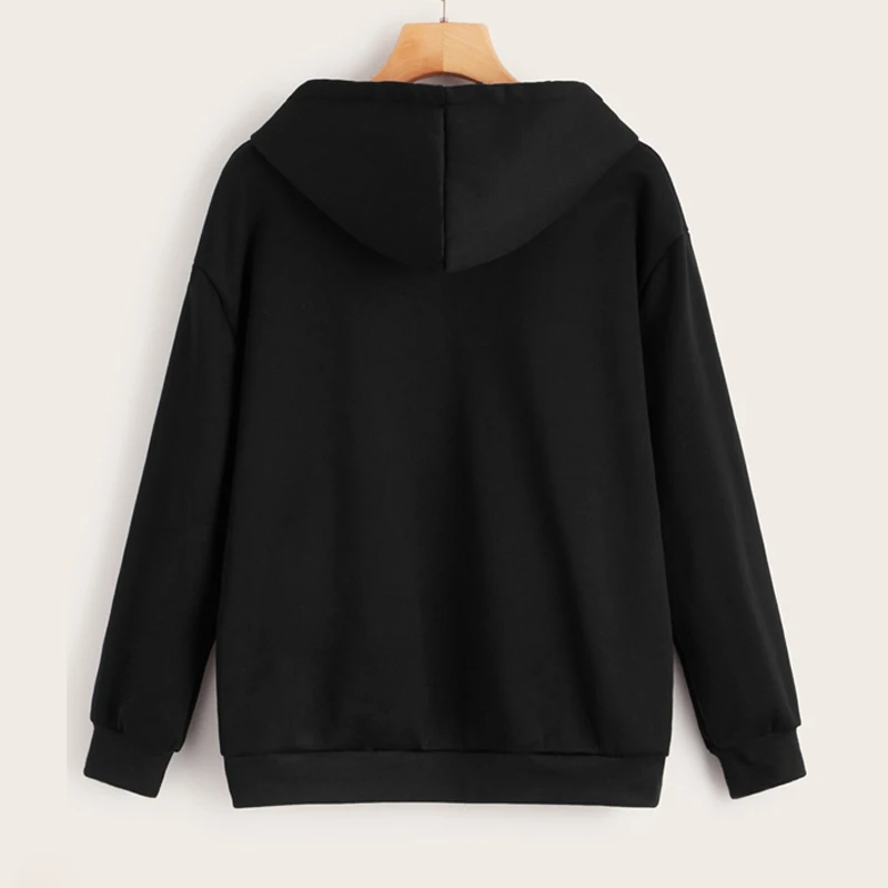 Dotfashion/Черная Толстовка с принтом в виде сердца и передним карманом для женщин, осенняя Повседневная Толстовка с капюшоном со шнуровкой, Женские базовые свитшоты