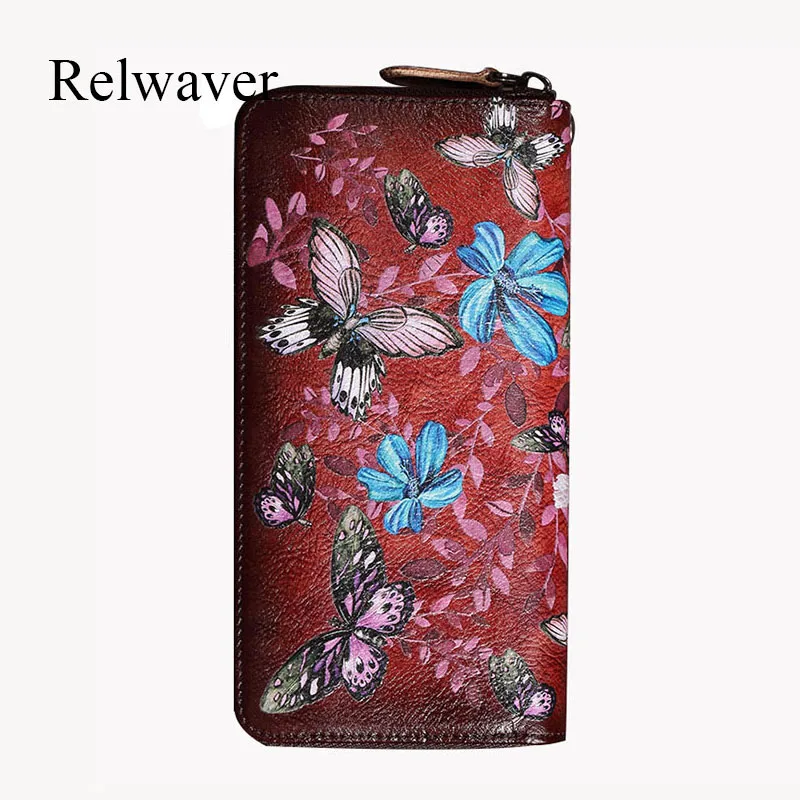 

Cow leather women wallet zipper clutch purse genuine leather Chinese style hand paiting butterfly flower long wallet