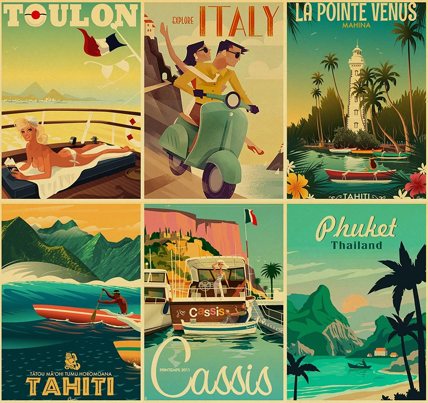 

Vintage Metal Tin Sign New York London Italy TAHITI Retro Posters Travel Cities Landscape Poster Wall Stickers Metal Painting