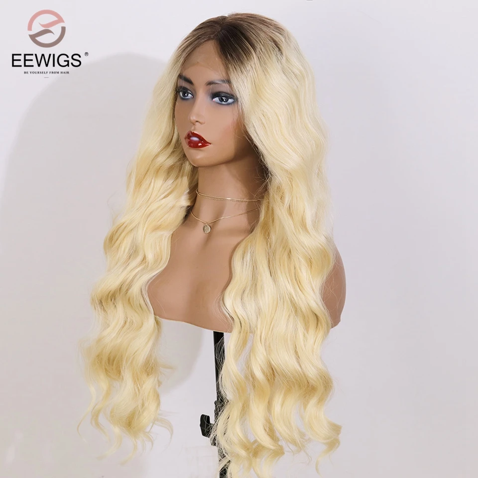 EEWIGS Ombre блонд парик на кружеве с коричневыми корнями Glueless термостойкие Свободные волны косплей синтетические парики для черных женщин