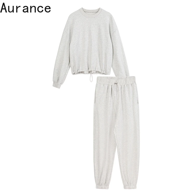 

[Aurance] Women Drawstring Pants Two Piece Suit Round Neck Long Sleeve Black Loose Fit New Fashion Tide Spring Female 2021