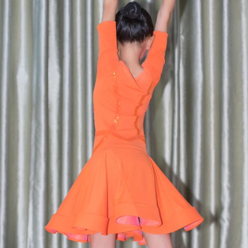 

2020 Girls Latin Dance Clothes Competition Dress Orange Half Sleeve Latin Practice Wear Samba Cha Cha Ballroom Stage Costume