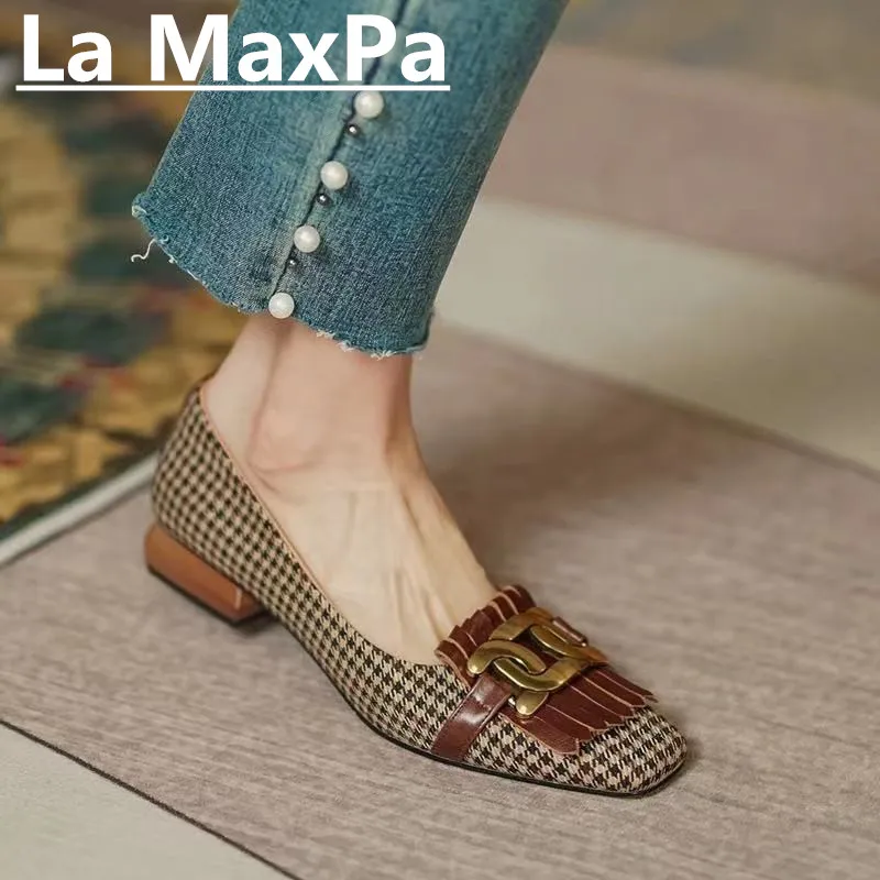 

New Shoes Women Fashion Tassel Beads Spring Pumps Square Toe Slip-On Casual Shoes Thick Heel Houndstooth metal buckle women shoe