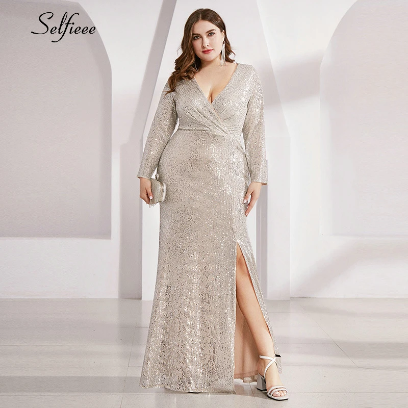 Женское платье макси с длинным рукавом глубоким v образным вырезом и разрезом по